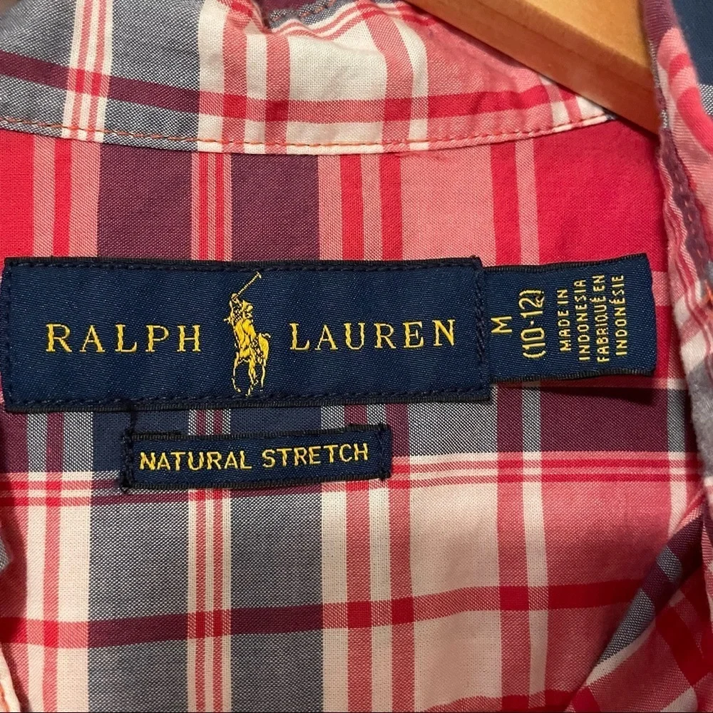 POLO RALPH LAUREN Boys Button-Up Tartan Shirt Red‎ Natural Stretch Size M 10-12